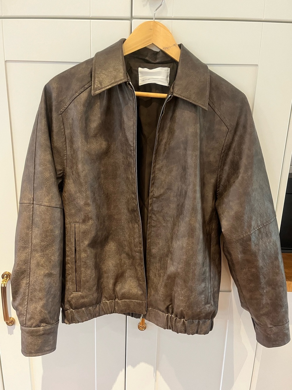 OAK + FORT Women’s Faux Brown Leather Bomber Jacket